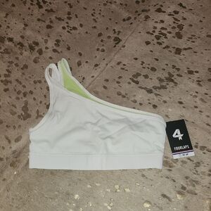 Women's White and Green Asymmetrical Sports Bra